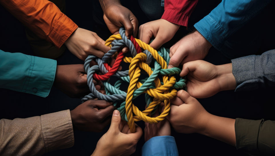 Hands together of people